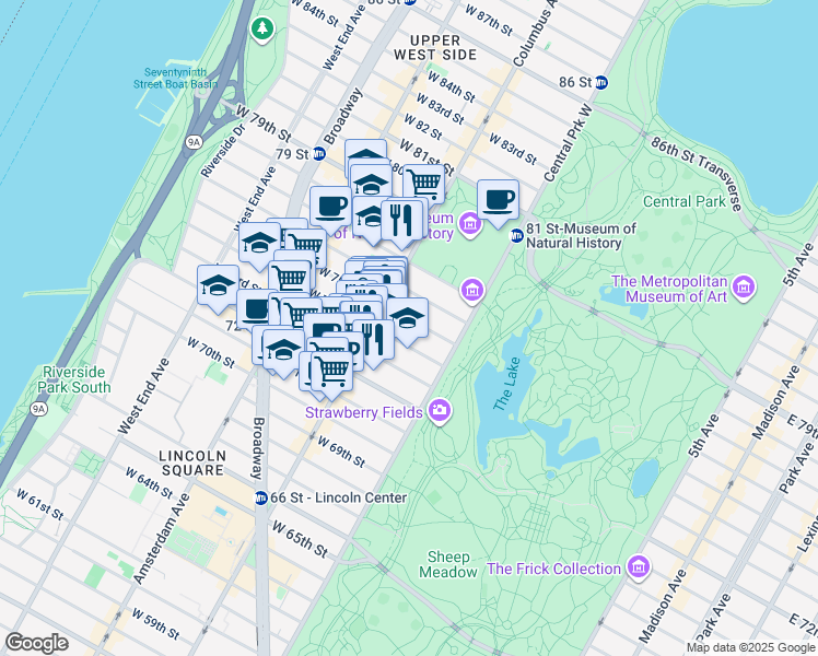 map of restaurants, bars, coffee shops, grocery stores, and more near 38 West 75th Street in New York