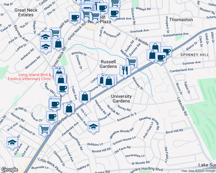map of restaurants, bars, coffee shops, grocery stores, and more near 300 Melbourne Road in Great Neck