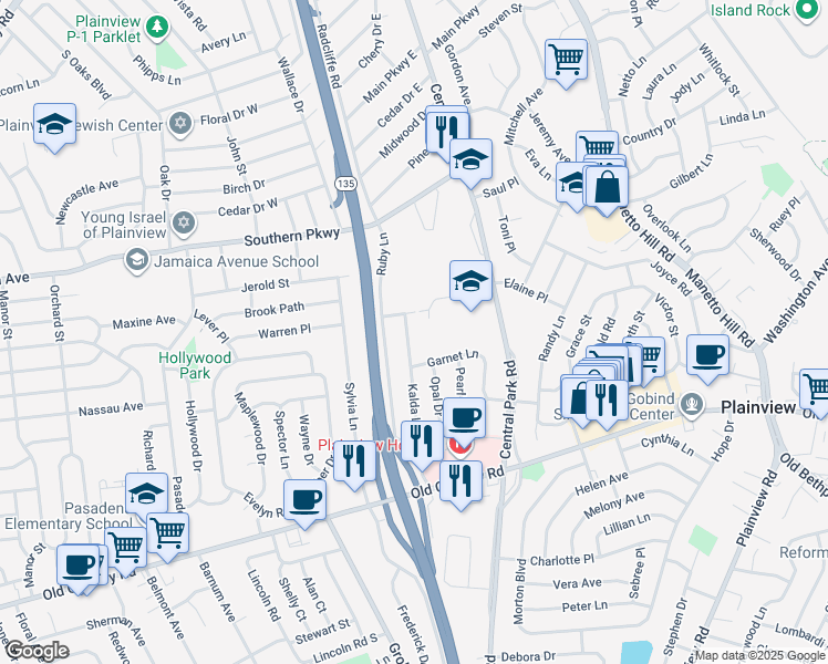 map of restaurants, bars, coffee shops, grocery stores, and more near 50 Kalda Lane in Plainview