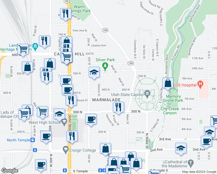 map of restaurants, bars, coffee shops, grocery stores, and more near 424 North Center Street in Salt Lake City