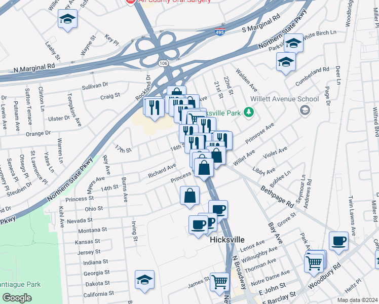 map of restaurants, bars, coffee shops, grocery stores, and more near 11 16th Street in Hicksville