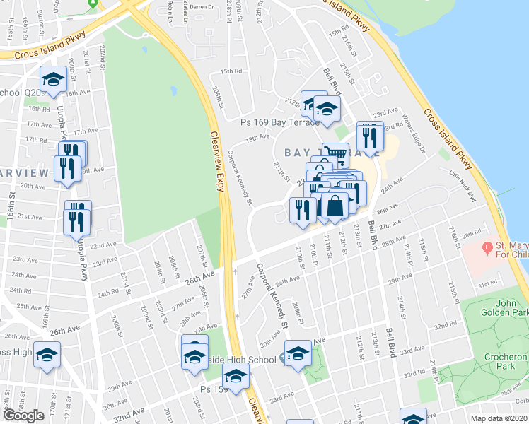 map of restaurants, bars, coffee shops, grocery stores, and more near 209-20 23rd Avenue in Queens