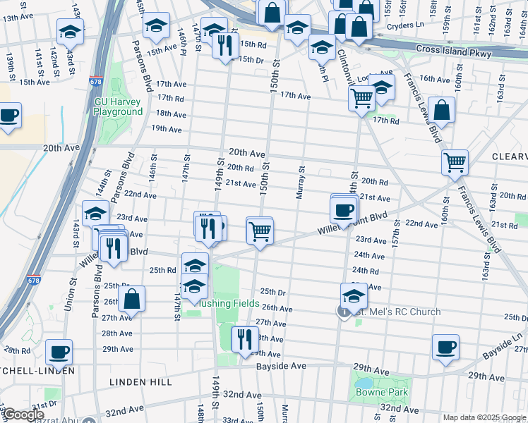 map of restaurants, bars, coffee shops, grocery stores, and more near 21-32 150th Street in Queens