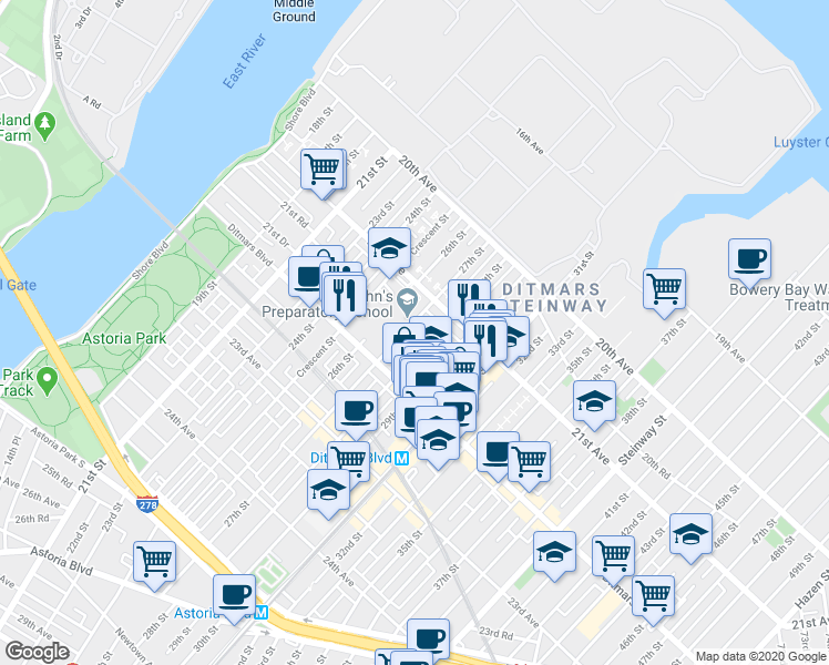 map of restaurants, bars, coffee shops, grocery stores, and more near 21-15 27th Street in Queens
