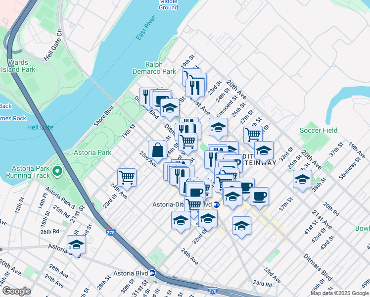 map of restaurants, bars, coffee shops, grocery stores, and more near 22-06 Crescent Street in Queens