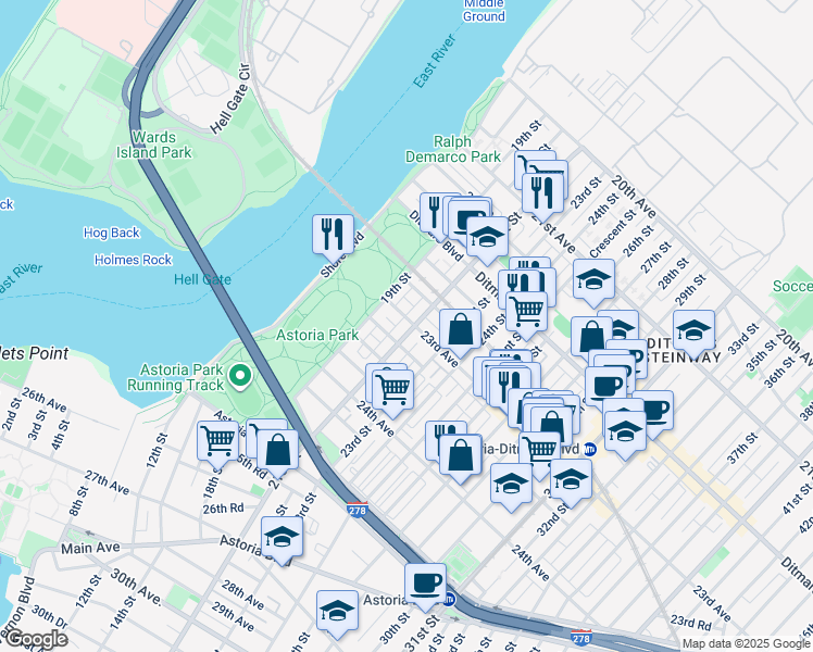 map of restaurants, bars, coffee shops, grocery stores, and more near 19-12 23rd Avenue in Queens