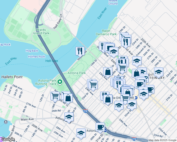 map of restaurants, bars, coffee shops, grocery stores, and more near 19-12 23rd Avenue in Queens