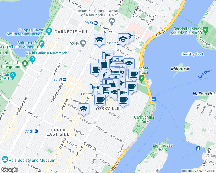 map of restaurants, bars, coffee shops, grocery stores, and more near 352 East 89th Street in New York