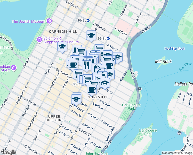 map of restaurants, bars, coffee shops, grocery stores, and more near 311 East 88th Street in New York