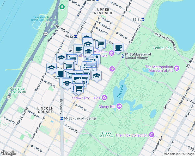 map of restaurants, bars, coffee shops, grocery stores, and more near 58 West 75th Street in New York