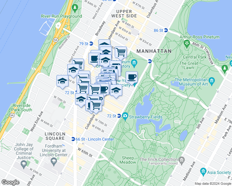 map of restaurants, bars, coffee shops, grocery stores, and more near 58 West 75th Street in New York