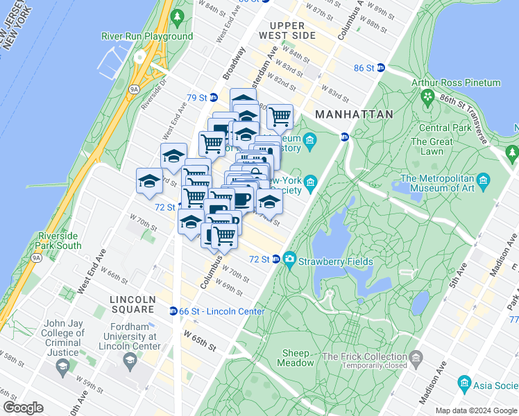 map of restaurants, bars, coffee shops, grocery stores, and more near 58 West 75th Street in New York