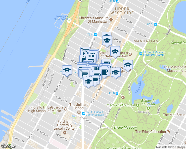 map of restaurants, bars, coffee shops, grocery stores, and more near 155 West 73rd Street in New York