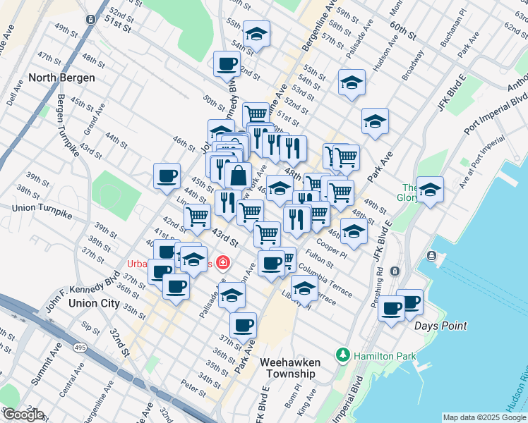 map of restaurants, bars, coffee shops, grocery stores, and more near 224 Roosevelt Street in Union City