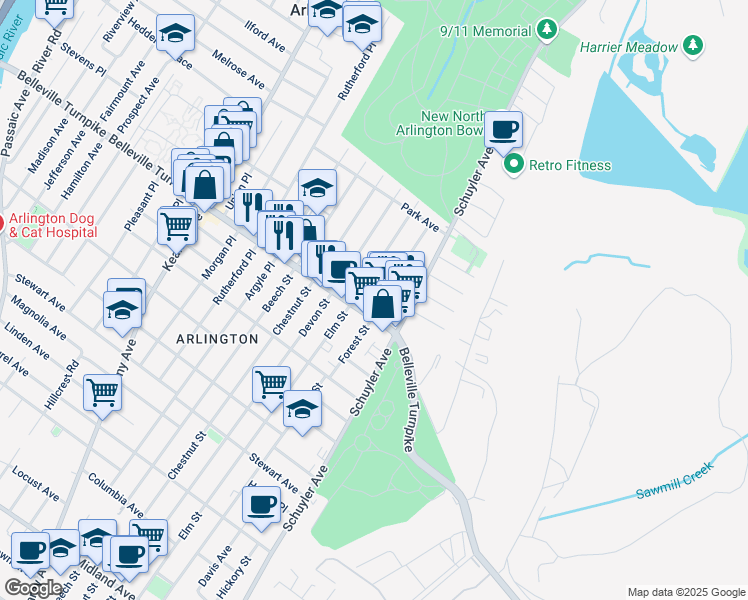 map of restaurants, bars, coffee shops, grocery stores, and more near 18 Elm Street in North Arlington
