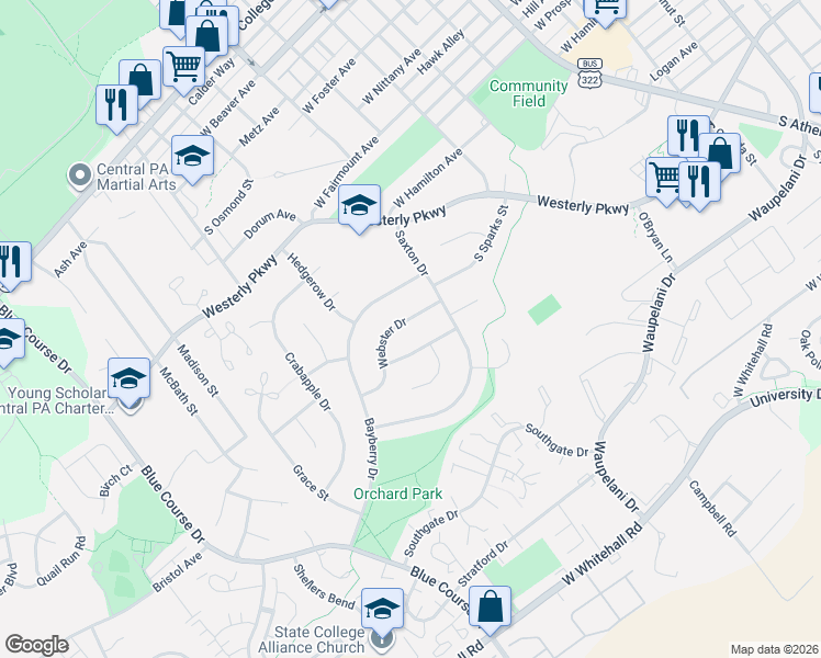 map of restaurants, bars, coffee shops, grocery stores, and more near 818 Webster Drive in State College