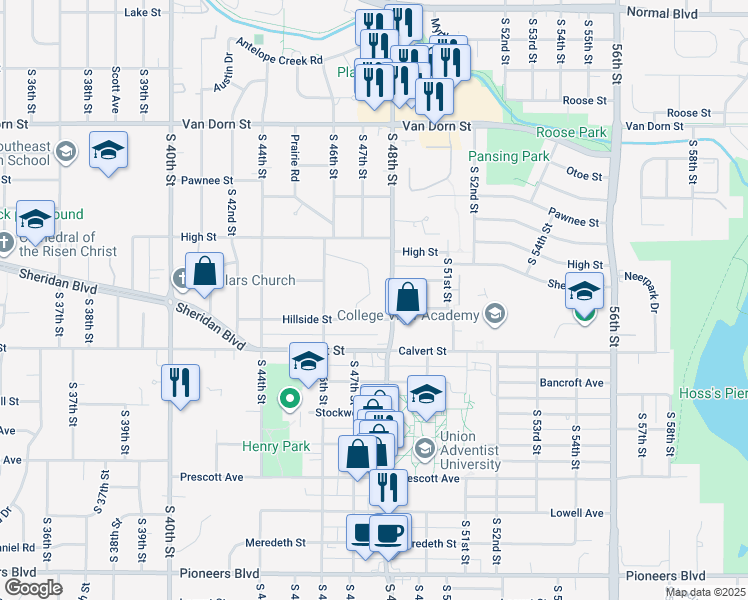 map of restaurants, bars, coffee shops, grocery stores, and more near 3341 South 48th Street in Lincoln