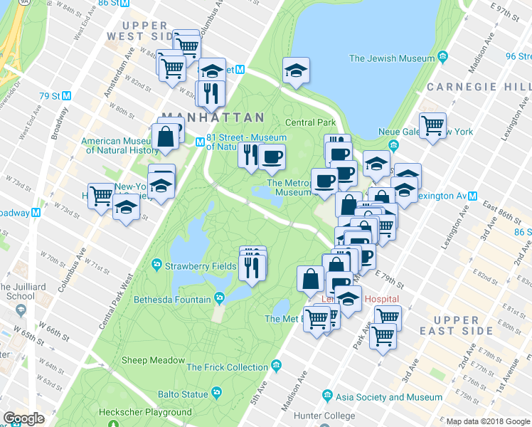 map of restaurants, bars, coffee shops, grocery stores, and more near 36-68 79th Street Transverse in New York
