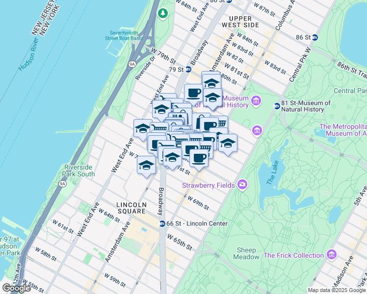 map of restaurants, bars, coffee shops, grocery stores, and more near 155 West 73rd Street in New York