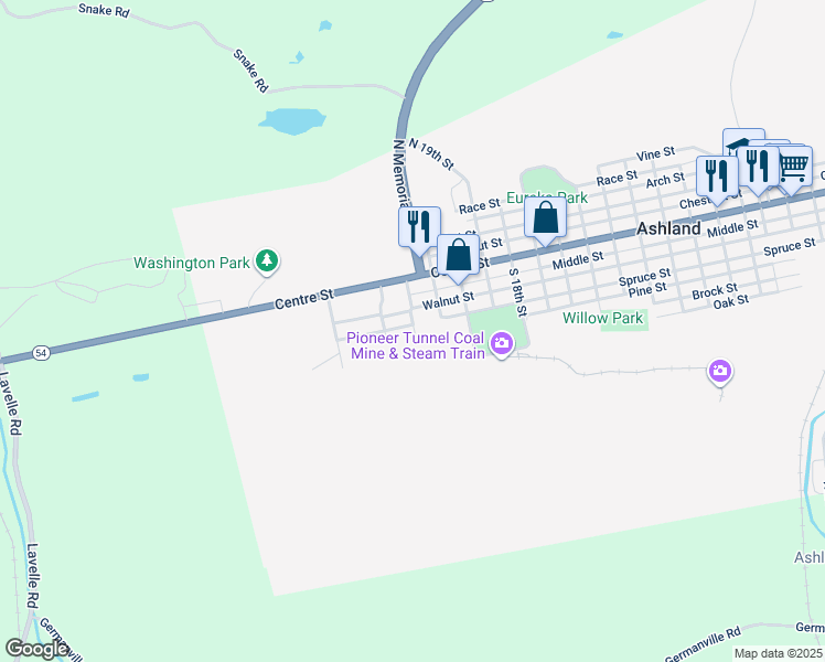 map of restaurants, bars, coffee shops, grocery stores, and more near 2200 Spruce Street in Ashland