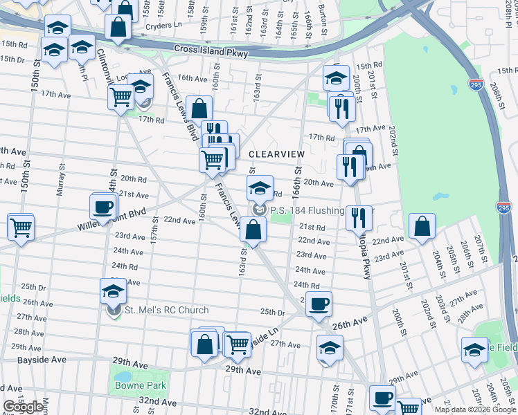 map of restaurants, bars, coffee shops, grocery stores, and more near 163-11 21st Avenue in Queens