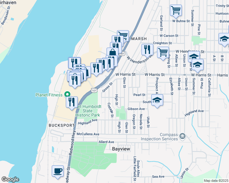 map of restaurants, bars, coffee shops, grocery stores, and more near 3214 High Street in Eureka
