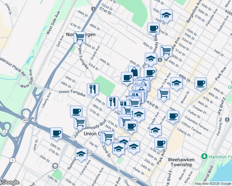map of restaurants, bars, coffee shops, grocery stores, and more near 4201 John F. Kennedy Boulevard in North Bergen