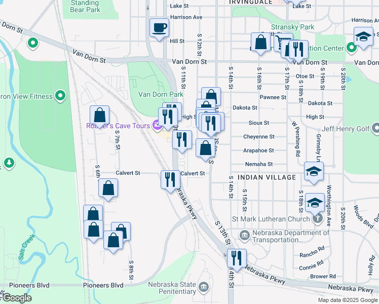 map of restaurants, bars, coffee shops, grocery stores, and more near 1101 Arapahoe Street in Lincoln