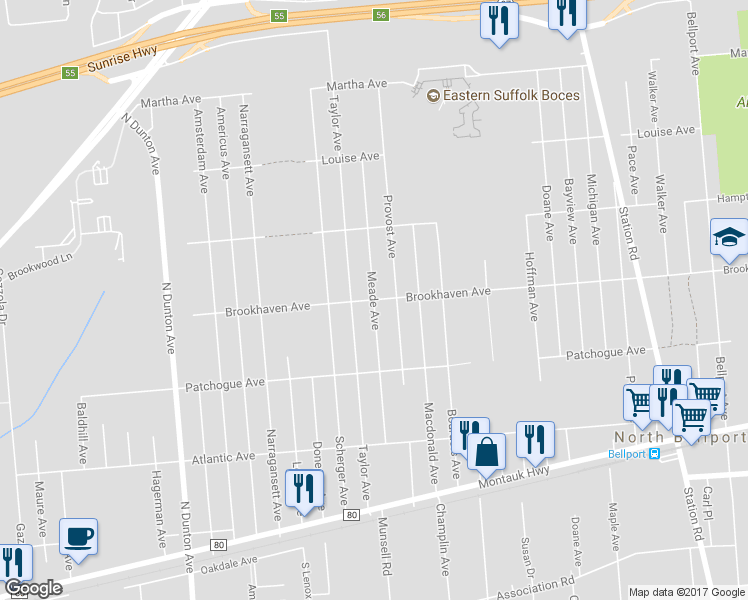 map of restaurants, bars, coffee shops, grocery stores, and more near Meade Avenue in Bellport