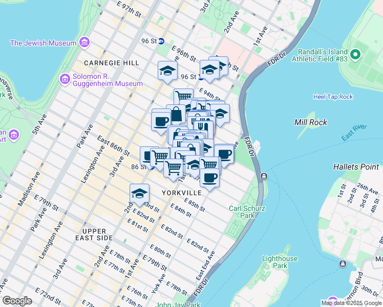 map of restaurants, bars, coffee shops, grocery stores, and more near 352 East 89th Street in New York
