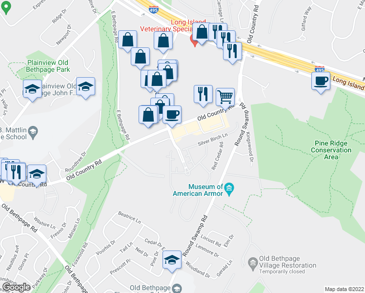 map of restaurants, bars, coffee shops, grocery stores, and more near 39201 Silver Birch Lane in Plainview