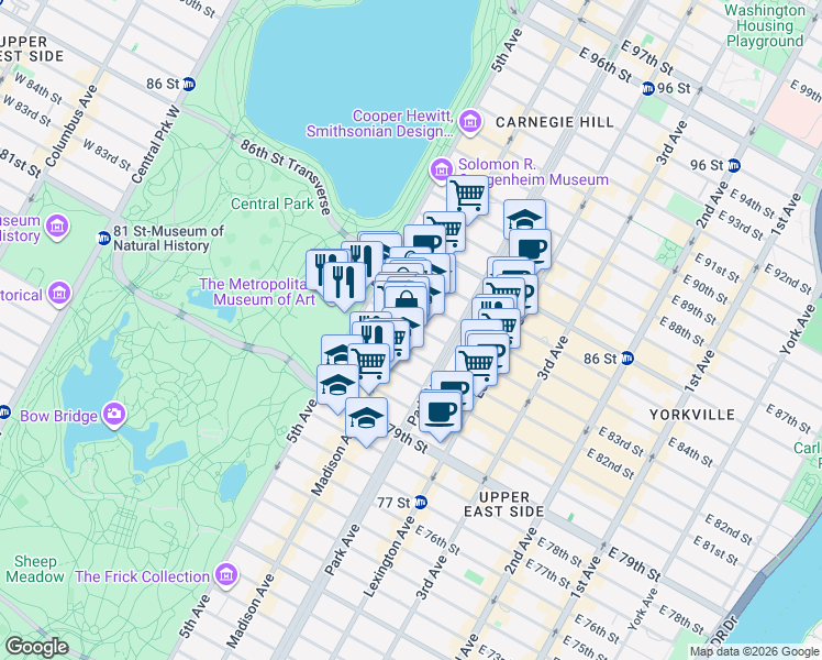 map of restaurants, bars, coffee shops, grocery stores, and more near 40 East 83rd Street in New York