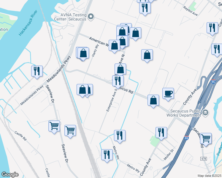 map of restaurants, bars, coffee shops, grocery stores, and more near 800 Secaucus Road in Secaucus