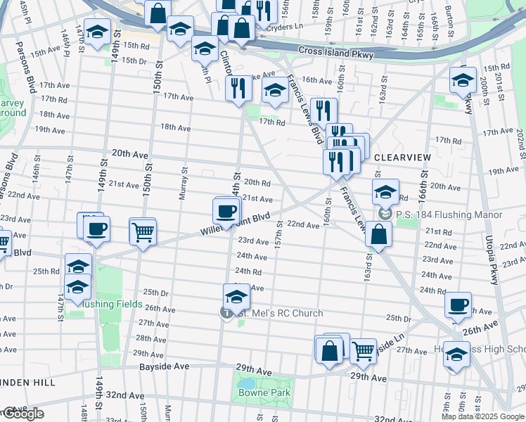 map of restaurants, bars, coffee shops, grocery stores, and more near 154-47 Willets Point Boulevard in Queens