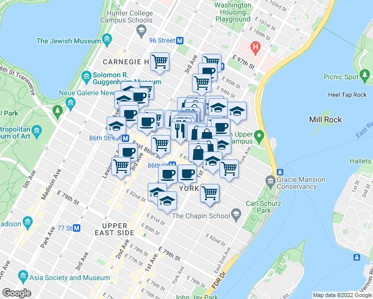 map of restaurants, bars, coffee shops, grocery stores, and more near 311 East 88th Street in New York