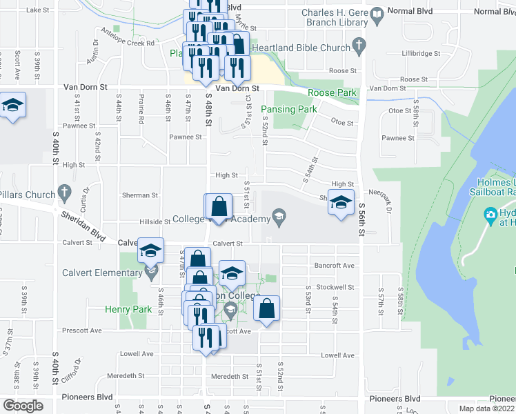 map of restaurants, bars, coffee shops, grocery stores, and more near 3412 Glenhaven Place in Lincoln