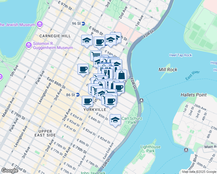 map of restaurants, bars, coffee shops, grocery stores, and more near 401 East 88th Street in New York