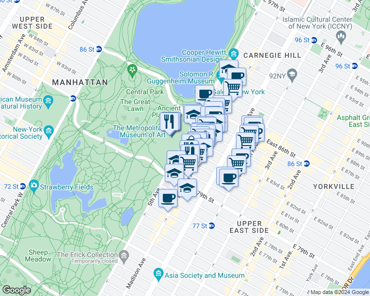 map of restaurants, bars, coffee shops, grocery stores, and more near 1009 5th Avenue in New York
