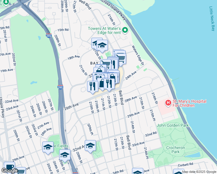 map of restaurants, bars, coffee shops, grocery stores, and more near 212-47 26th Avenue in Queens