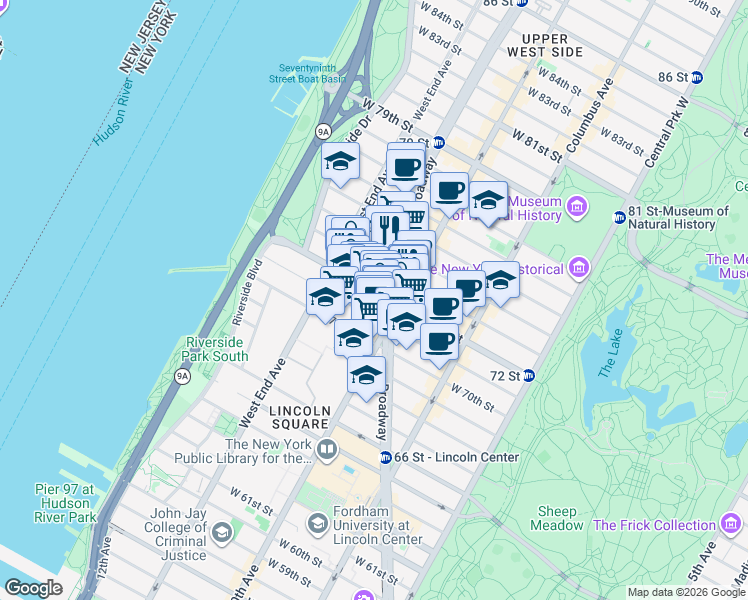 map of restaurants, bars, coffee shops, grocery stores, and more near 214 West 72nd Street in New York
