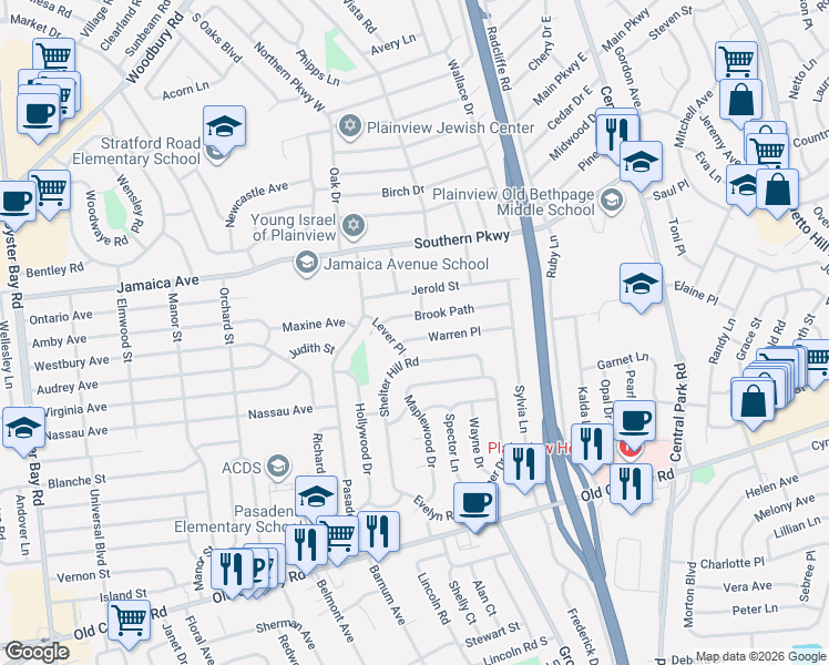 map of restaurants, bars, coffee shops, grocery stores, and more near 14 Brook Path in Plainview