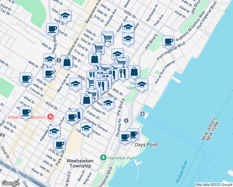 map of restaurants, bars, coffee shops, grocery stores, and more near 29 49th Street in Weehawken