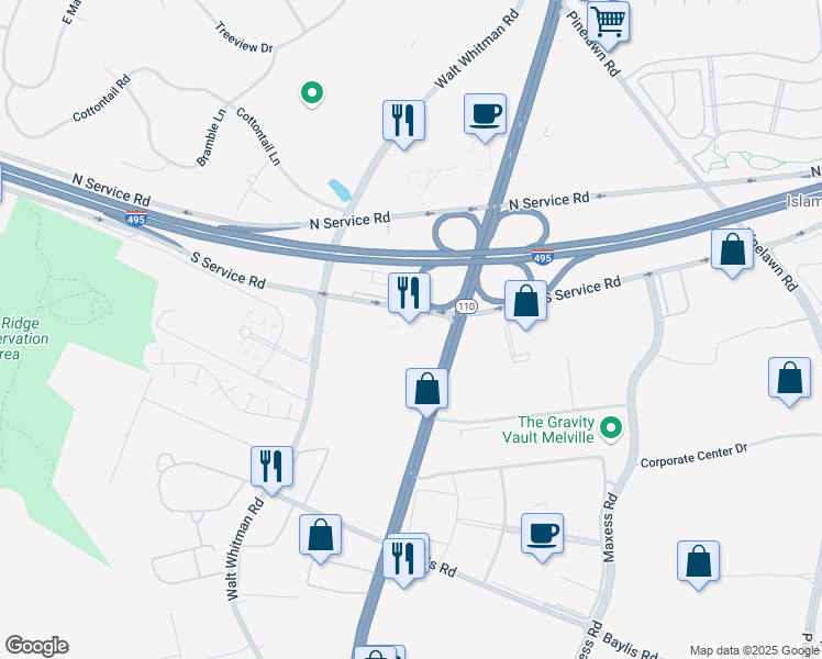 map of restaurants, bars, coffee shops, grocery stores, and more near 400 Broadhollow Road in Melville