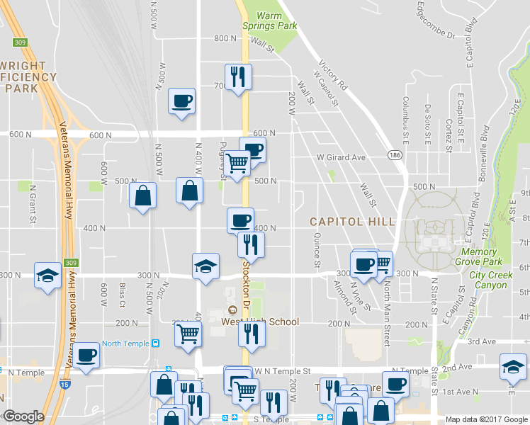 map of restaurants, bars, coffee shops, grocery stores, and more near 253 Bishop Place in Salt Lake City
