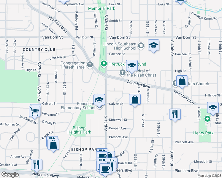 map of restaurants, bars, coffee shops, grocery stores, and more near 3320 Hillside St in Lincoln