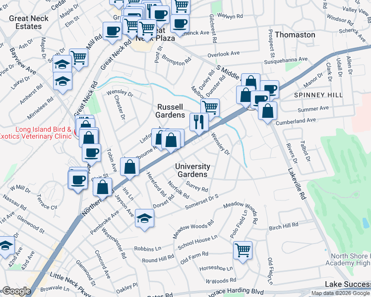 map of restaurants, bars, coffee shops, grocery stores, and more near 415 New York 25A in Great Neck
