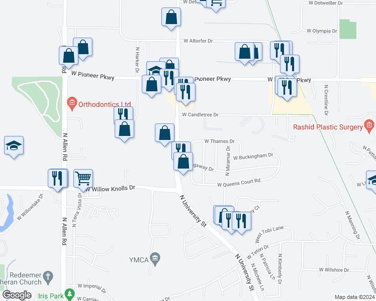 map of restaurants, bars, coffee shops, grocery stores, and more near 7503 North Oxford Place in Peoria
