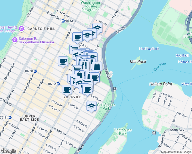 map of restaurants, bars, coffee shops, grocery stores, and more near 1735 York Avenue in New York