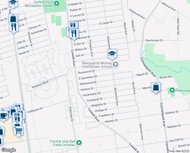 map of restaurants, bars, coffee shops, grocery stores, and more near 23 East Sycamore Street in Central Islip