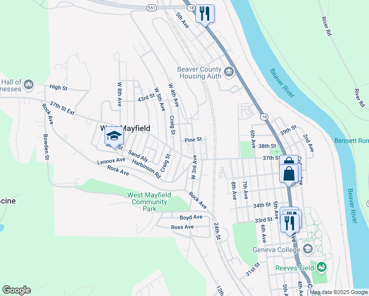 map of restaurants, bars, coffee shops, grocery stores, and more near 3705 West 3rd Avenue in Beaver Falls